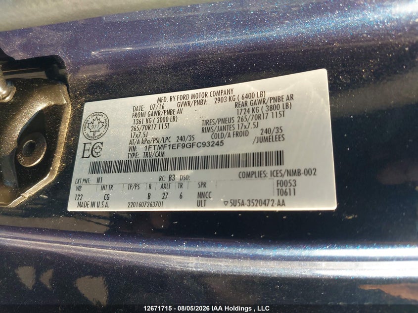 2016 FORD F-150 PICKUP 5.0L V8 FI DOHC 32V NF4