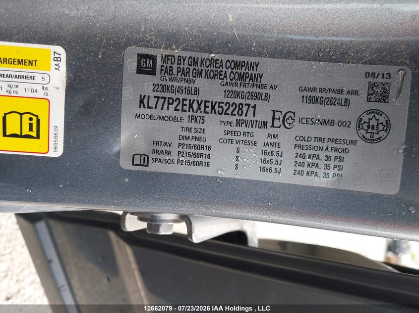 2014 CHEVROLET ORLANDO SPORT UTILITY VEHICLE 2.4L I-4 DI, DOHC, VVT, 174HP