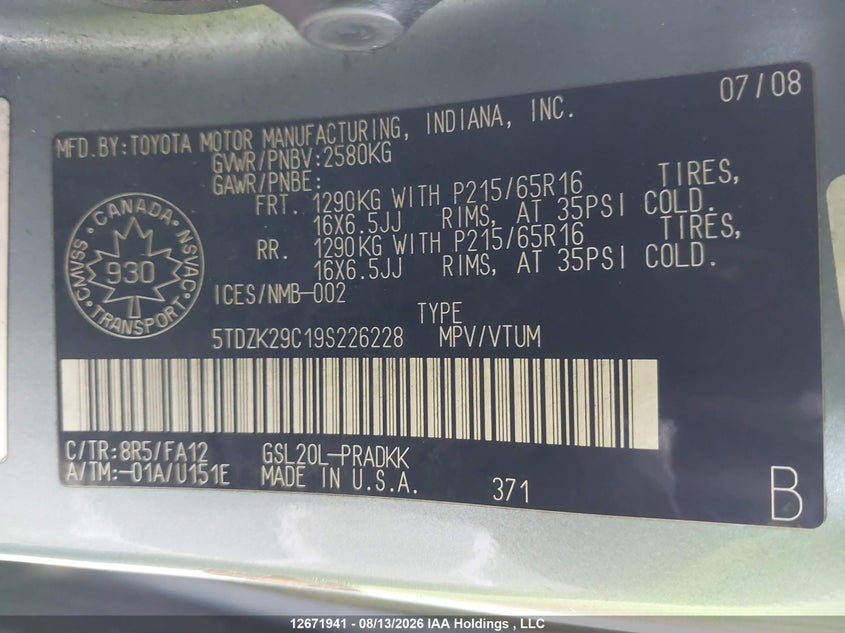 2009 TOYOTA SIENNA VAN 3.5L V6 FI DOHC 24V NF4