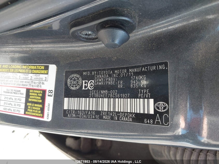 2011 TOYOTA COROLLA SEDAN 1.8L I-4 DOHC, VVT, 132HP