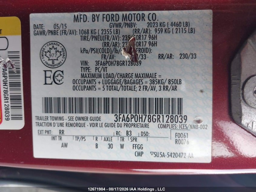 2016 FORD FUSION SEDAN 2.5L I-4 DOHC, VVT, 175HP