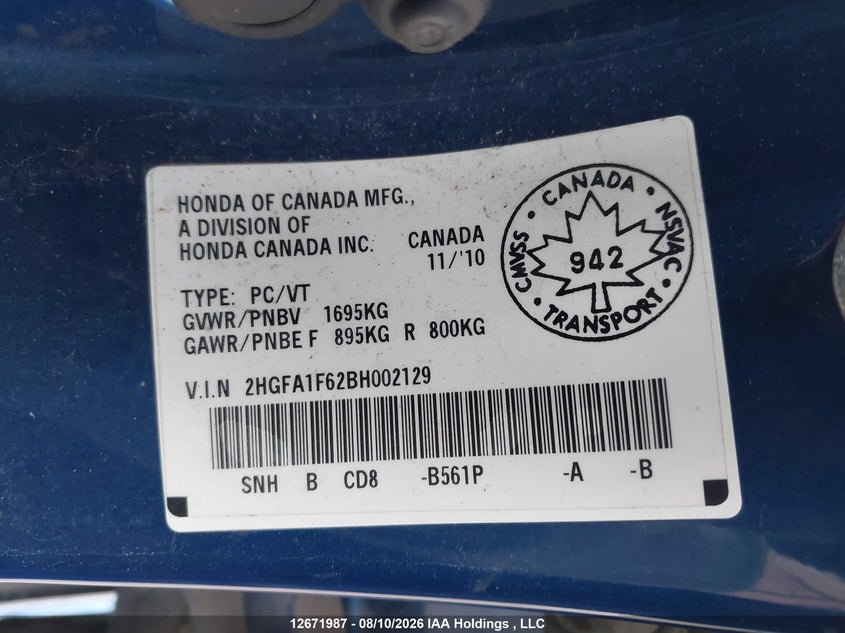 2011 HONDA CIVIC SEDAN 1.8L I-4 VVT, 140HP