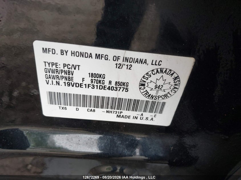 2013 ACURA ILX SEDAN 2.0L I4 FI SOHC 16V NF4