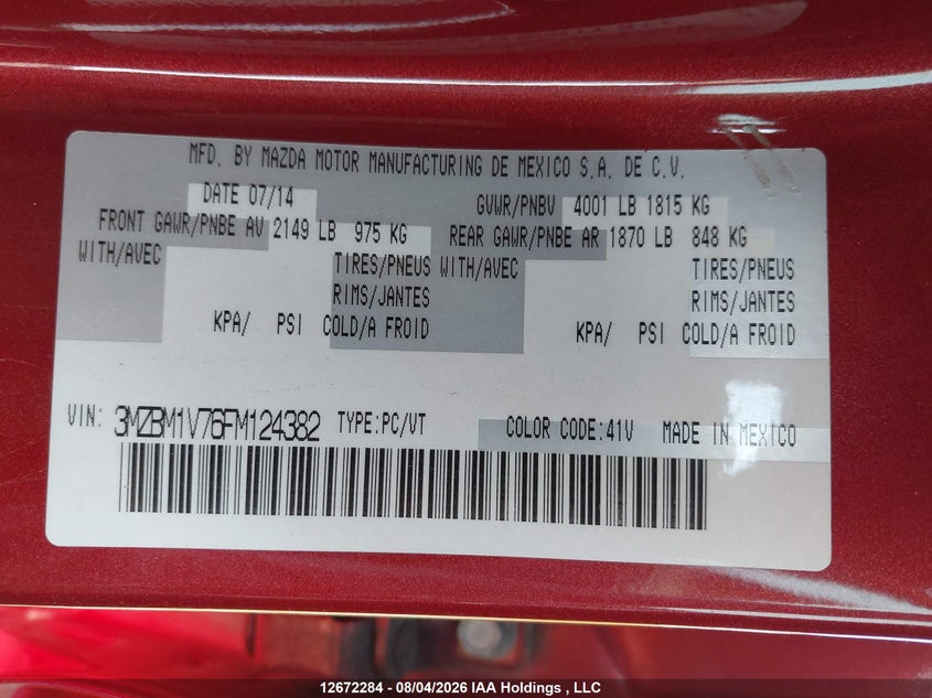2015 MAZDA 3 SEDAN 2.0L I-4 DI, DOHC, VVT, 155HP