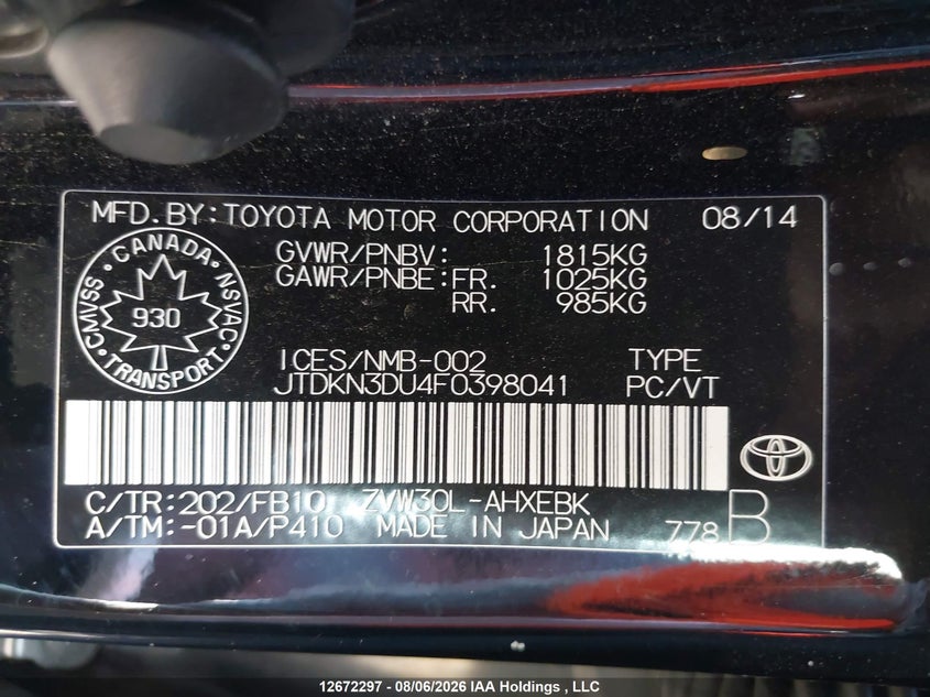 2015 TOYOTA PRIUS HATCHBACK 1.8L I4 FI DOHC 16V NF4