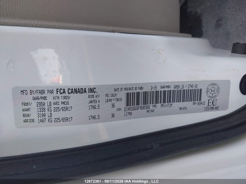 2015 DODGE CARAVAN VAN 3.6L V6 FI DOHC 24V NF4