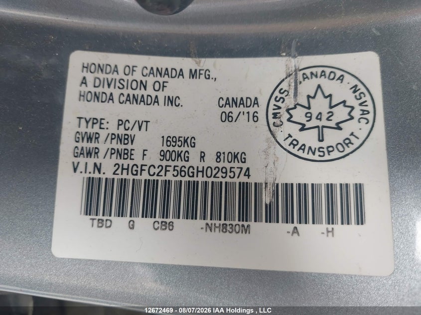 2016 HONDA CIVIC SEDAN 2.0L I-4 DOHC, VVT, 158HP