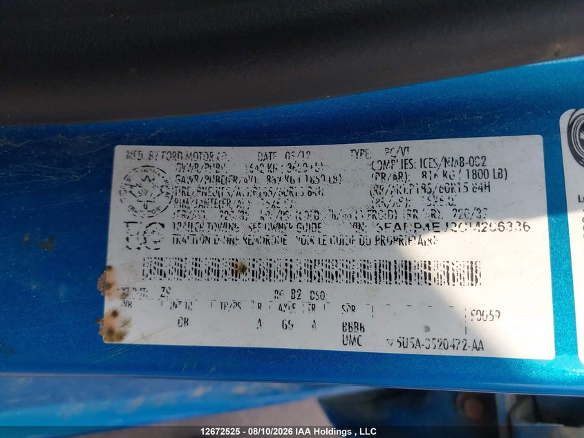2012 FORD FIESTA SEDAN 1.6L I4 FI DOHC 16V NF4