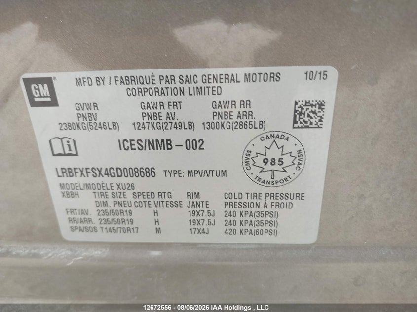 2016 BUICK ENVISION SPORT UTILITY VEHICLE 2.0L I-4 DI, DOHC, VVT, TURBO, 252HP