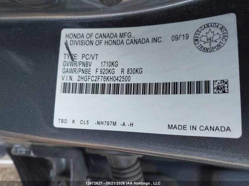2019 HONDA CIVIC SEDAN 2.0L I-4 DOHC, VVT, REGULAR , 158HP