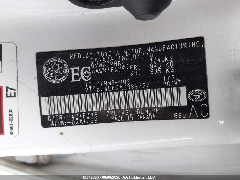 2010 TOYOTA COROLLA SEDAN 1.8L I-4 DOHC, VVT, 132HP