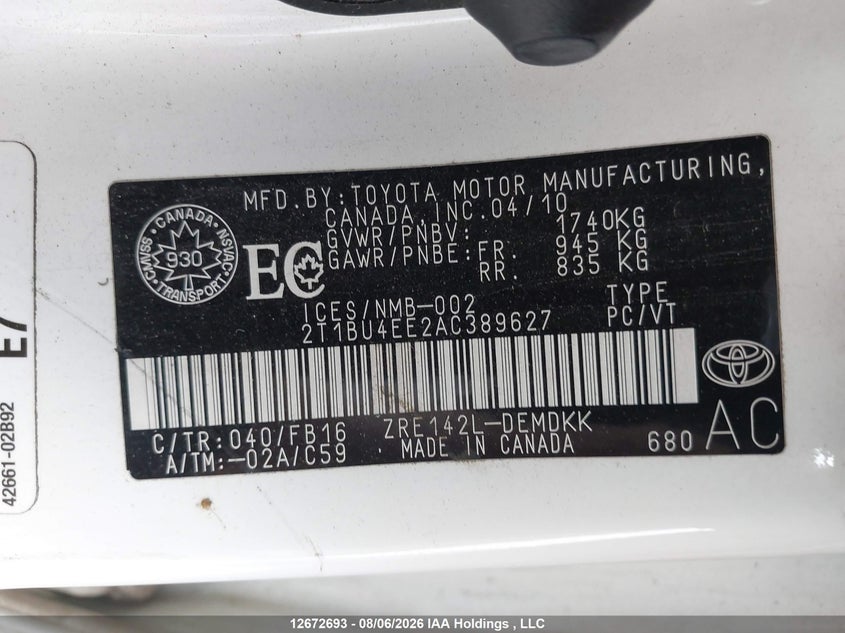 2010 TOYOTA COROLLA SEDAN 1.8L I-4 DOHC, VVT, 132HP