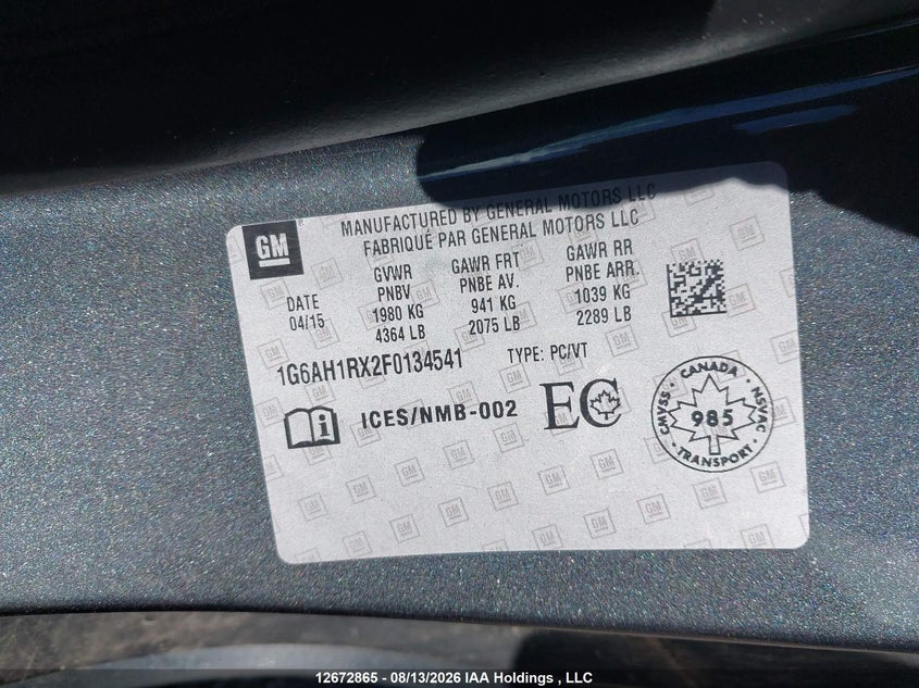 2015 CADILLAC ATS SEDAN 2.0L I4 FI DOHC 16V NF4