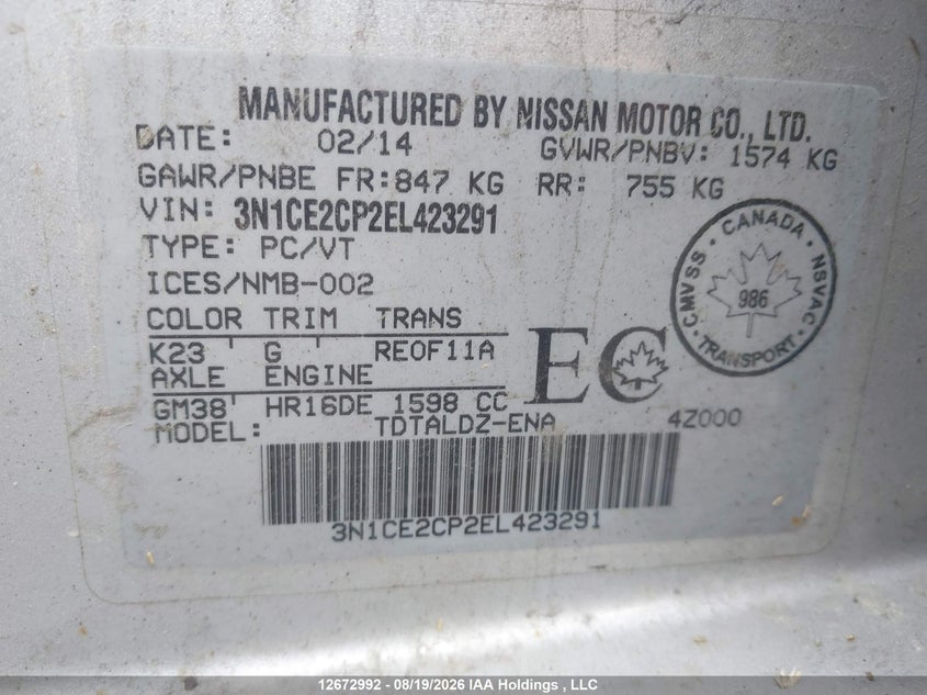 2014 NISSAN VERSA NOTE S/S PLUS/SV/SL - zdjęcie 9