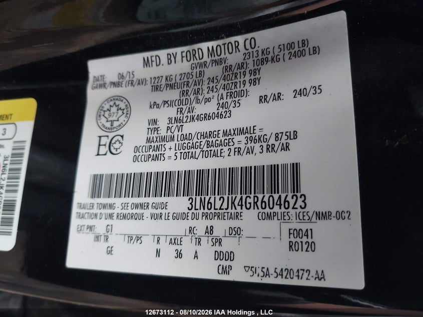 2016 LINCOLN MKZ SEDAN 3.7L V6 FI DOHC 24V NF4