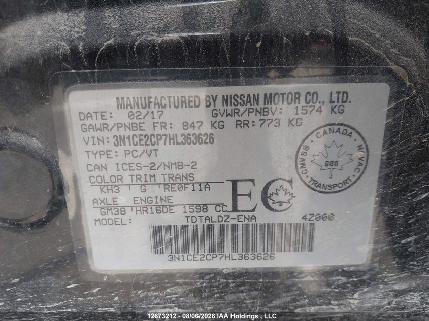 2017 NISSAN NOTE HATCHBACK 1.6L I-4 DOHC, VVT, 109HP