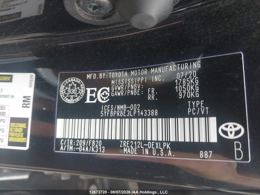 2020 TOYOTA COROLLA SEDAN 1.8L I-4 DOHC, VVT, 139HP