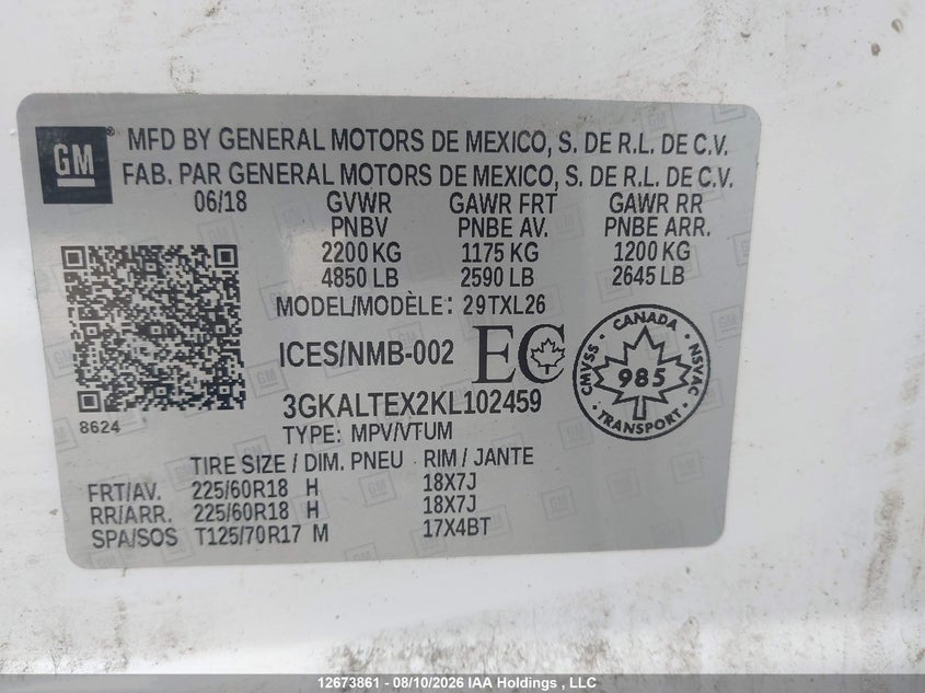 2019 GMC TERRAIN SPORT UTILITY VEHICLE 2.0L I-4 DI, DOHC, VVT, TURBO, 252HP