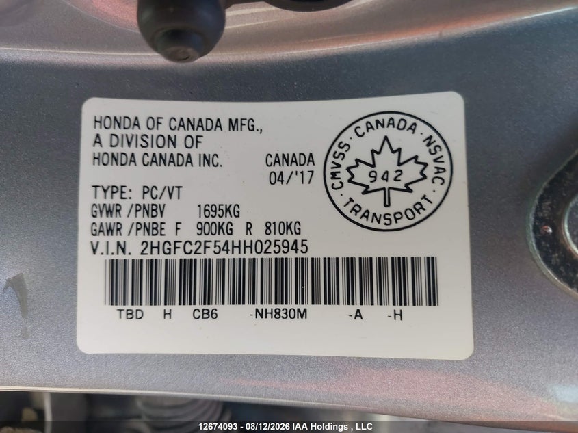 2017 HONDA CIVIC SEDAN 2.0L I-4 DOHC, VVT, 158HP