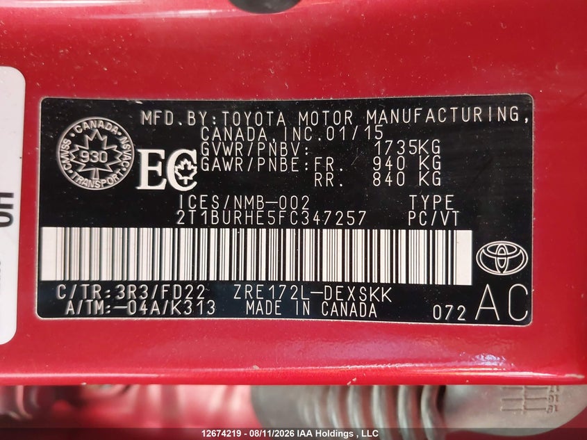 2015 TOYOTA COROLLA SEDAN 1.8L I-4 DOHC, VVT, 132HP