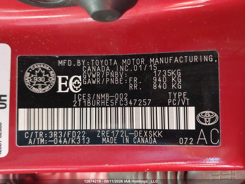 2015 TOYOTA COROLLA SEDAN 1.8L I-4 DOHC, VVT, 132HP