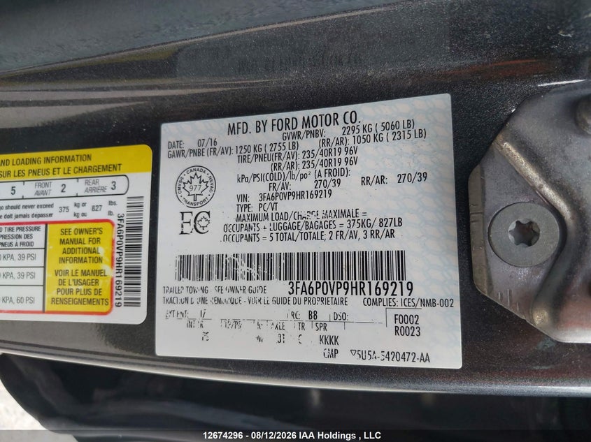 2017 FORD FUSION SEDAN 2.7L V-6 DI, DOHC, VVT, TURBO, 325HP