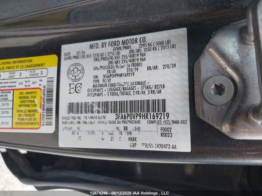 2017 FORD FUSION SEDAN 2.7L V-6 DI, DOHC, VVT, TURBO, 325HP