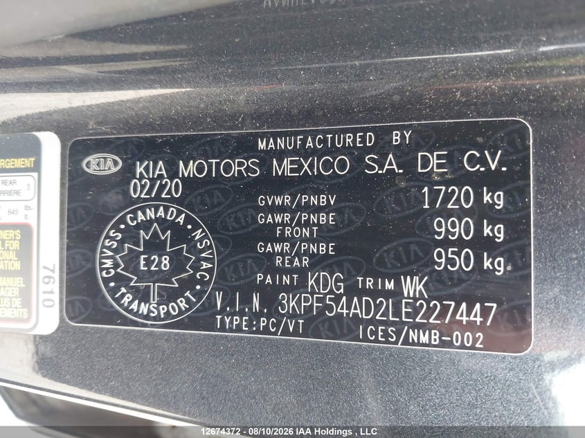 2020 KIA FORTE SEDAN 2.0L I-4 DOHC, VVT, 147HP