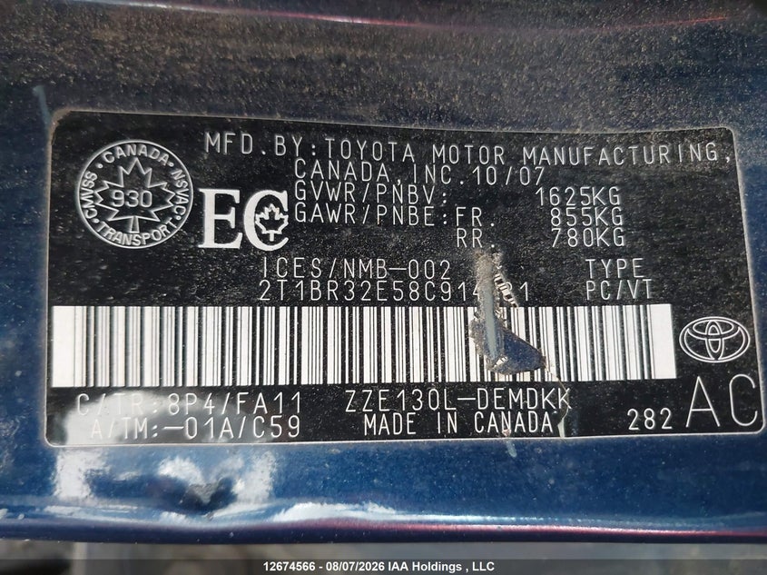 2008 TOYOTA COROLLA SEDAN 1.8L I4 FI DOHC 16V F4