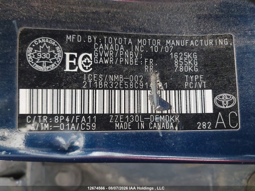 2008 TOYOTA COROLLA SEDAN 1.8L I4 FI DOHC 16V F4