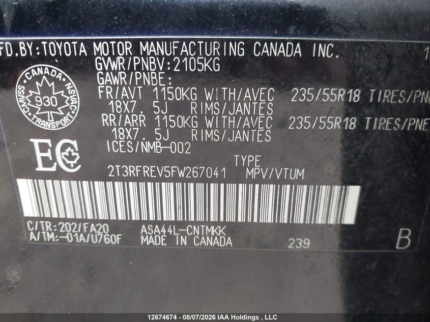 2015 TOYOTA RAV 4 SPORT UTILITY VEHICLE 2.5L I-4 DOHC, VVT, 176HP