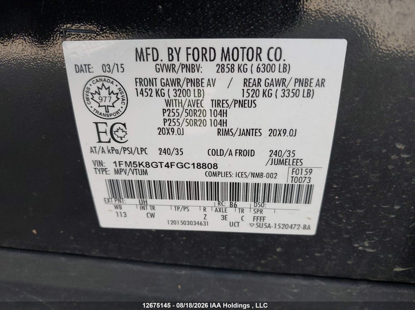 2015 FORD EXPLORER SPORT SPORT UTILITY VEHICLE 3.5L V-6 DI, DOHC, VVT, TURBO, 365HP