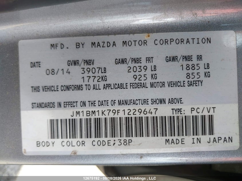 2015 MAZDA 3 HATCHBACK 2.0L I-4 DI, DOHC, VVT, 155HP