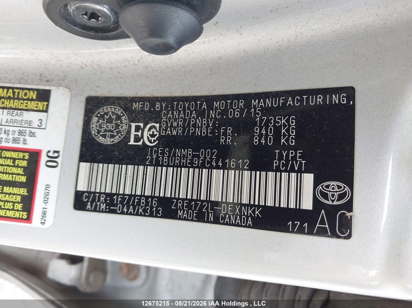 2015 TOYOTA COROLLA SEDAN 1.8L I-4 DOHC, VVT, 132HP