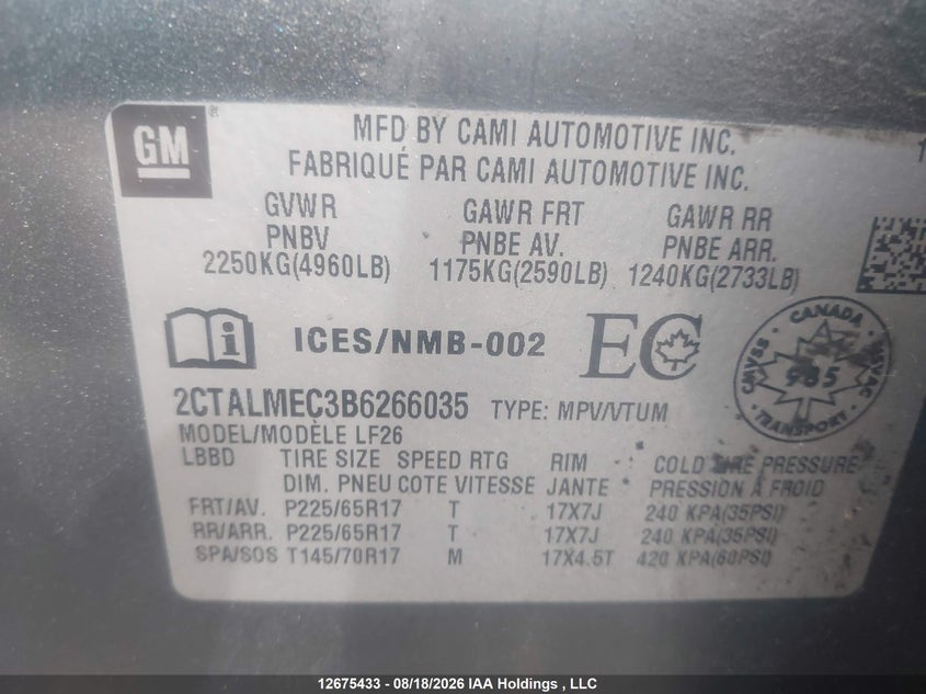 2011 GMC TERRAIN SPORT UTILITY VEHICLE 2.4L I-4 DI, DOHC, VVT, 182HP