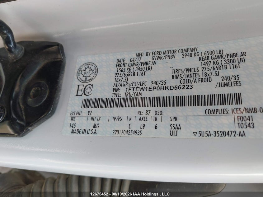 2017 FORD F-150 PICKUP 2.7L V6 FI DOHC 24V NF4