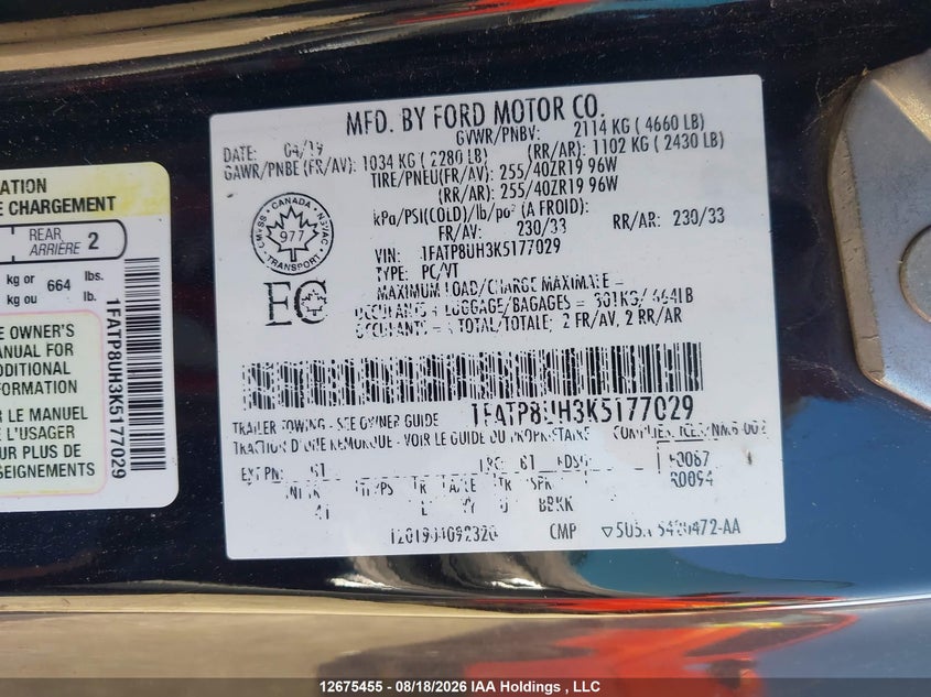 2019 FORD MUSTANG CONVERTIBLE CABRIO 2.3L I4 FI DOHC 16V NF4