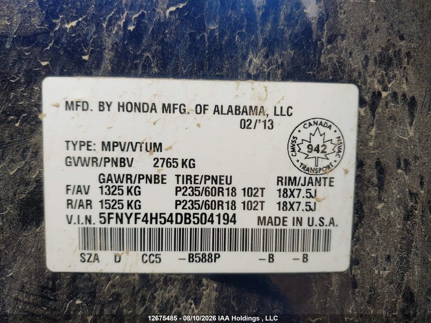 2013 HONDA PILOT SPORT UTILITY VEHICLE 3.5L V-6 VVT, 250HP