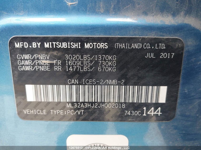 2018 MITSUBISHI MIRAGE HATCHBACK 1.2L I3 FI DOHC 12V NF4