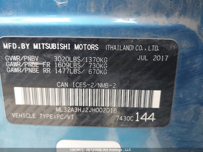 2018 MITSUBISHI MIRAGE HATCHBACK 1.2L I3 FI DOHC 12V NF4
