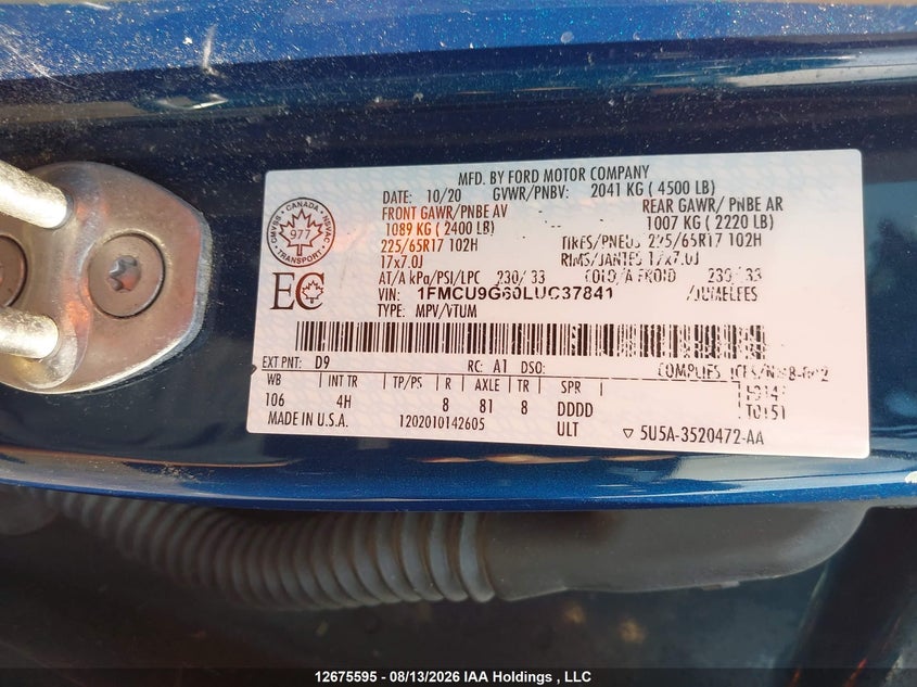 2020 FORD ESCAPE SPORT UTILITY VEHICLE 1.5L I-3 DI, DOHC, VVT, TURBO, 181HP