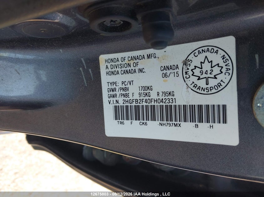 2015 HONDA CIVIC SEDAN 1.8L I-4 VVT, 143HP