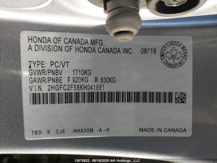 2019 HONDA CIVIC SEDAN 2.0L I-4 DOHC, VVT, 158HP