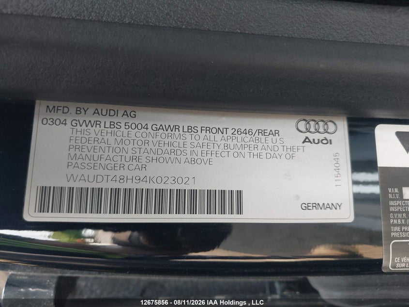 2004 AUDI A4 SEDAN 3.0L V-6 DOHC, VVT, 220HP