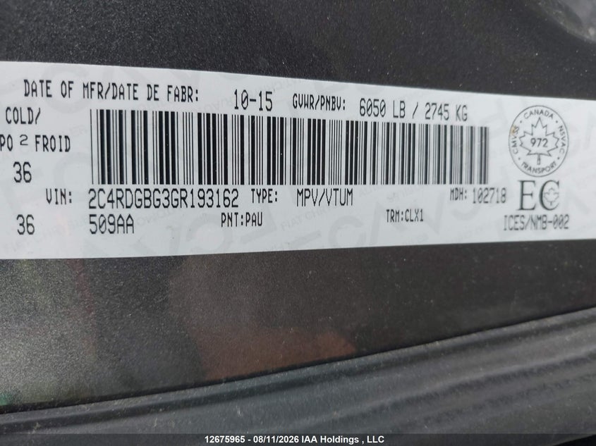 2016 DODGE CARAVAN VAN 3.6L V-6 DOHC, VVT, 283HP