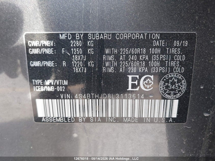 2020 SUBARU OUTBACK SPORT UTILITY VEHICLE 2.4L H-4 DI, DOHC, VVT, TURBO, 260HP
