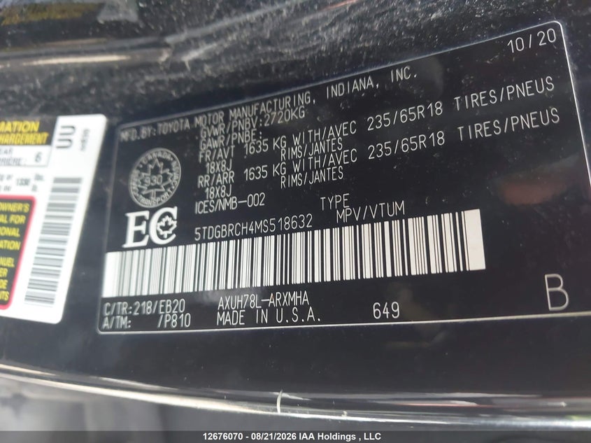 2021 TOYOTA HIGHLANDER SPORT UTILITY VEHICLE 2.5L I-4 DI, DOHC, VVT, 186HP