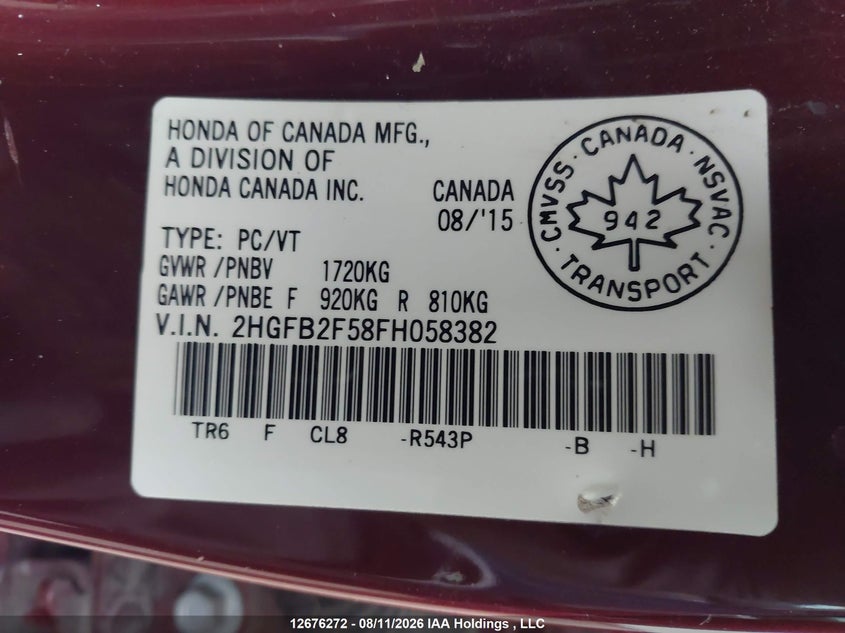 2015 HONDA CIVIC SEDAN 1.8L I-4 VVT, 143HP