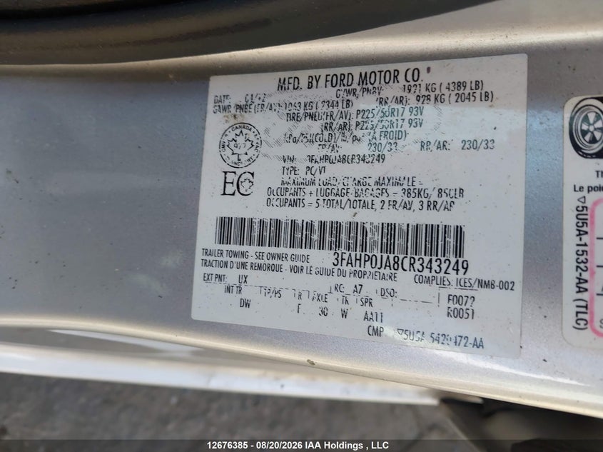 2012 FORD FUSION SEDAN 2.5L I4 FI DOHC 16V NF4