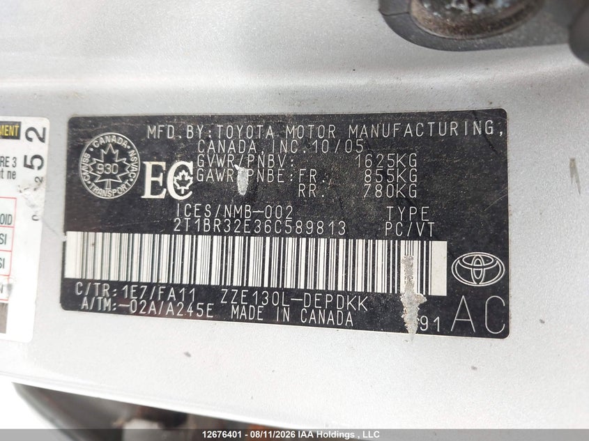 2006 TOYOTA COROLLA SEDAN 1.8L I4 FI DOHC 16V F4